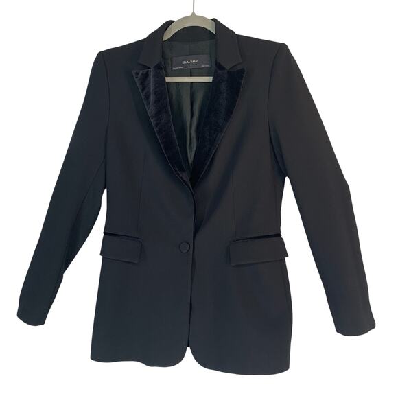 ZARA Basic Black Velvet Collar Blazer Women’s Size Medium Made in Spain - Picture 1 of 11